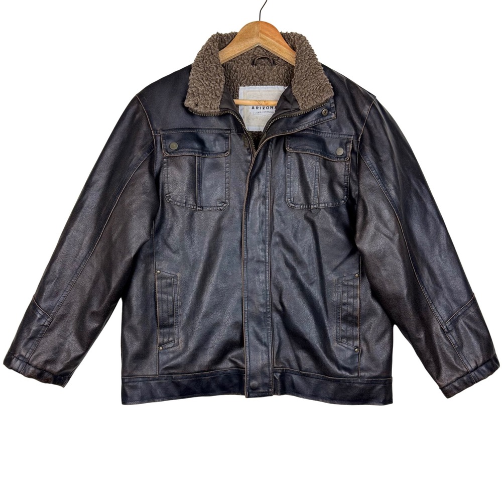 Arizona Faux Leather Sherpa Jacket Distressed Bomber Boy L 14/16 Brown Talon Zip